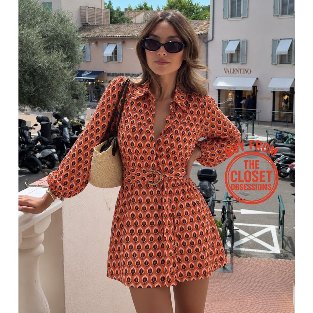 ZARA Cotton Geometric Print Belted Shirt Dress Mini NWT - Picture 6 of 16